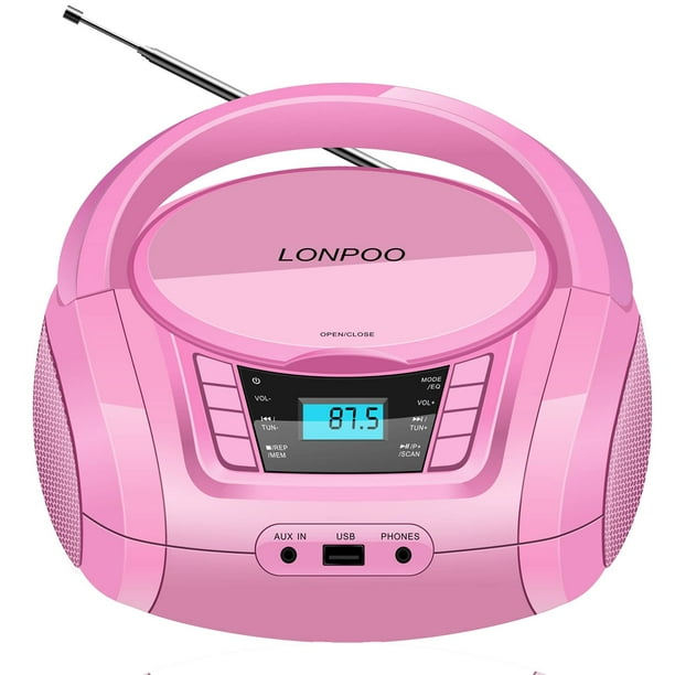 Reproductor de CD portátil LONPOO Boombox, Bluetooth, radio FM USB, 28 cm