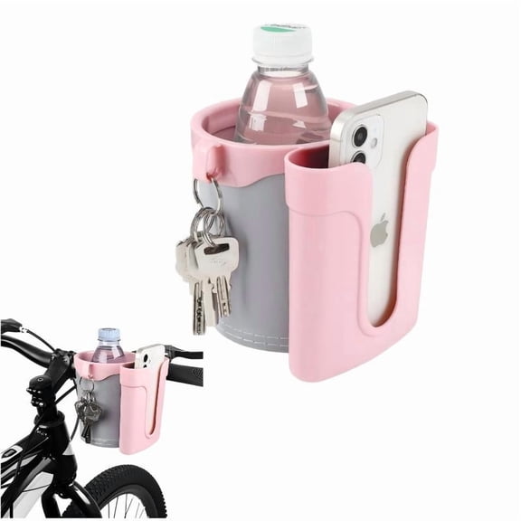 3-in-1 Bike Cup Holder with Cell Phone Keys Holder, Bike Water Bottle Holders, Universal Bar Drink Cup Can Holder for Bicycles, Motorcycles, Scooters, Grey Pink