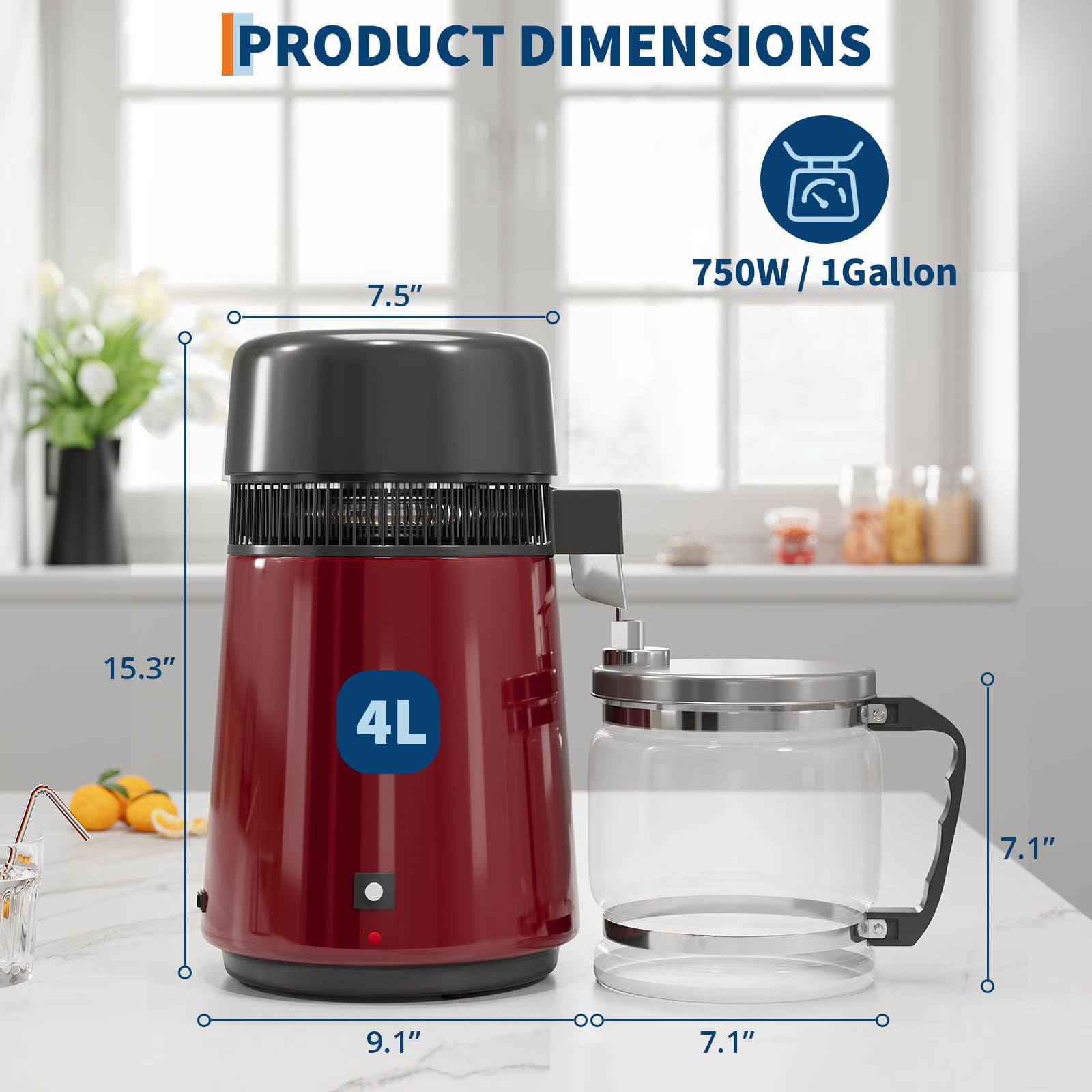 Efficient 750W Water Distiller Machine – 4L Stainless Steel Purifier for Home, Lab, Aquarium, Office – Includes Glass Pot for Clean Drinking Water – Red