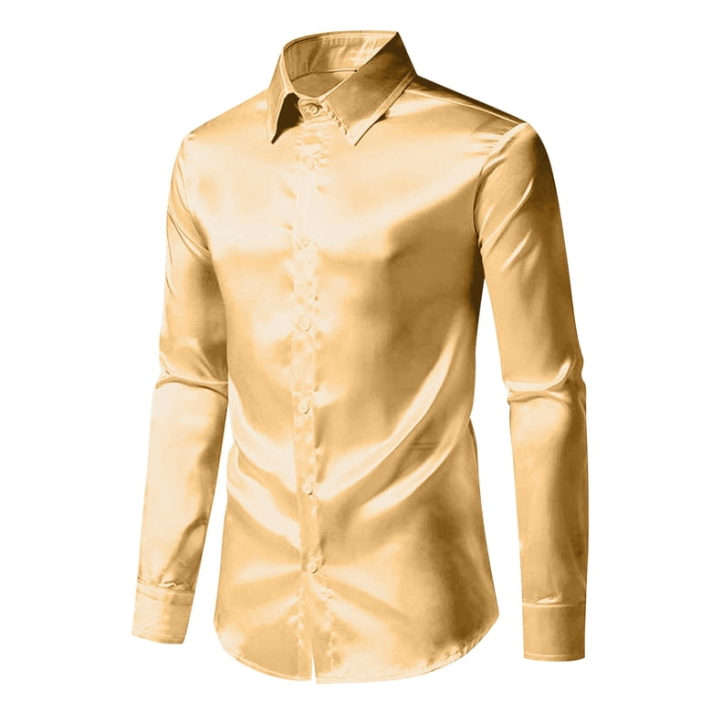 ZRGHAOYLQ Long Sleeve Button Down Shirts for Men Shiny Metallic Solid Shirt Lapel Collar Slim Fit Blouses Glossy Nightclub Party Dress Shirts