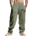thumbnail image 1 of Pantalones largos para hombre, color liso, holgados, informales, con estampado de lino, bolsillos, cordón ajustable, cintura elástica, de poliéster., 1 of 9
