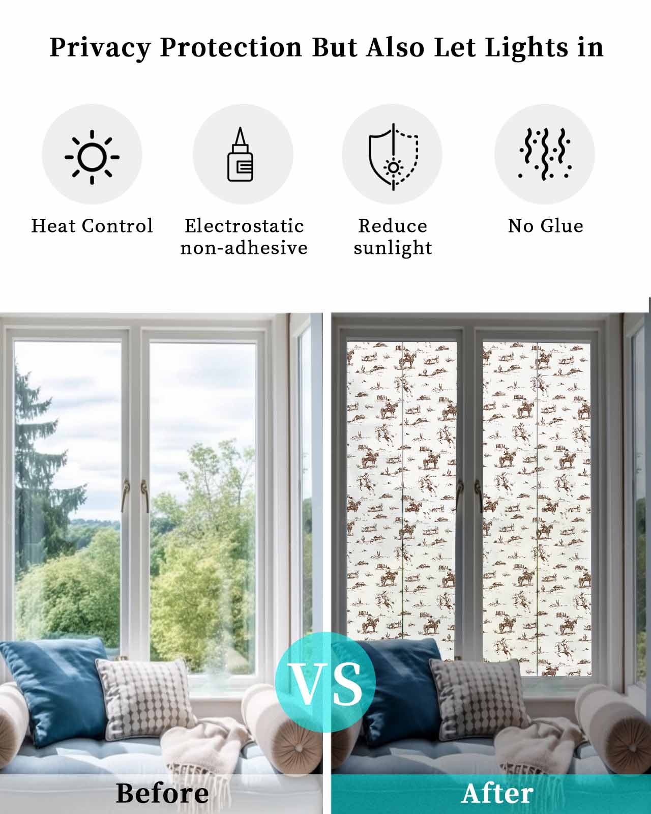 Window Privacy Film Brown Western Cowboy Stained Glass Window Film Decorative Sun Block Window Cover Farmhouse Vintage Ethnic Art Window Clings Static Adhesive Sticker for Bathroom 29.5"x118"