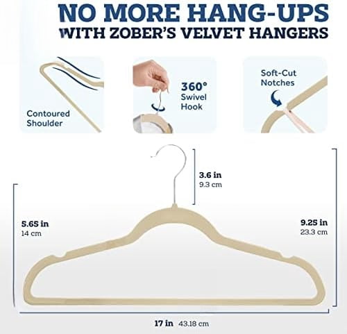 Velvet Hangers 50 Pack - Ivory for Coats, Pants & Dress Clothes - Non Slip w/ 360 Degree Swivel, Holds up to 10 lbs - Strong Felt Hangers for Clothing