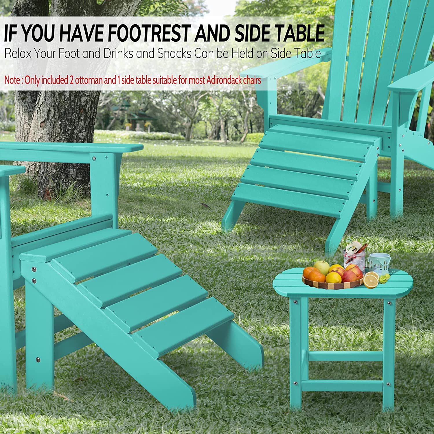 FHFO Adirondack Ottoman and Side Table for Adirondack Chairs, 2 Pieces Outdoor Adirondack Footrest & 1 Piece End Table, Weather Resistant Footstool Table for Adirondack Chair （Lake Blue） - image 3 of 5