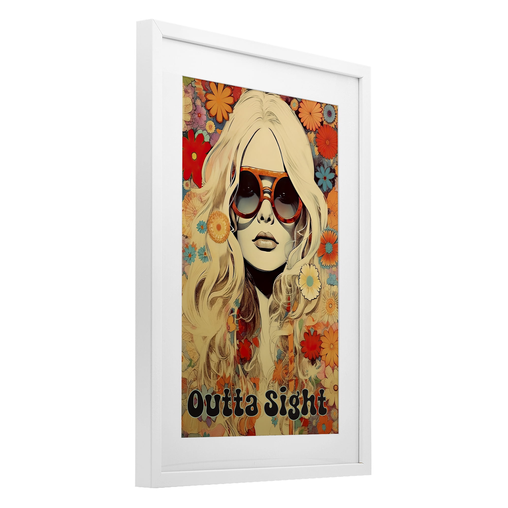 Outta Sight Hippie Girl White Framed Print Under Glass, design by Sasha