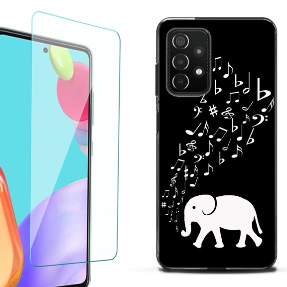 Slim-Fit Flexible TPU Gel Phone Case (black) for Samsung Galaxy A52 5G, with Tempered Glass Screen Protector, by OneToughShield ® - Elephant Music