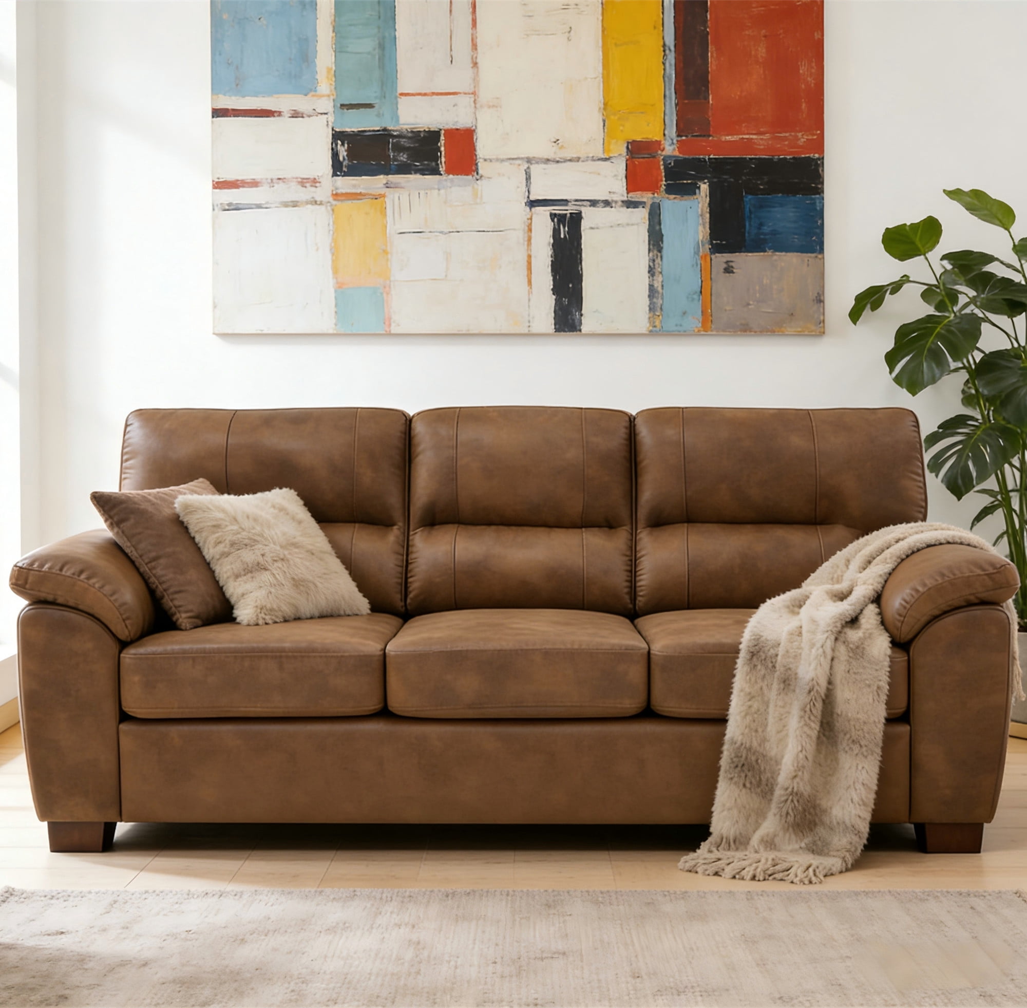Aukfa 81" Vintage Sofa Overstuffed 3 Seat Sofa Couch for Living Room Bedroom, Foil Fabric, Brown