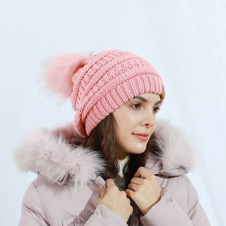 〽️Women Wine Red Winter Pom Pom Beanie Hat with Warm Fleece Lined XL ZOORON Womens Winter Knitted Beanie Hat with Faux Fur Pom  main image 4