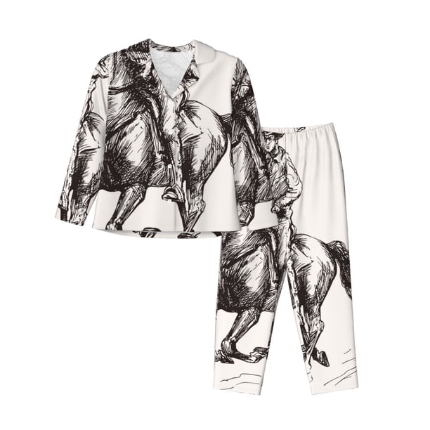 Balery Cowboy Ride A Horse Conjunto de Pijama con Estampado para Mujer, Conjunto de Dos Piezas con Manga Larga, Ropa de Dormir Suave con Bolsillos, Pijamas Cómodos-X-Large
