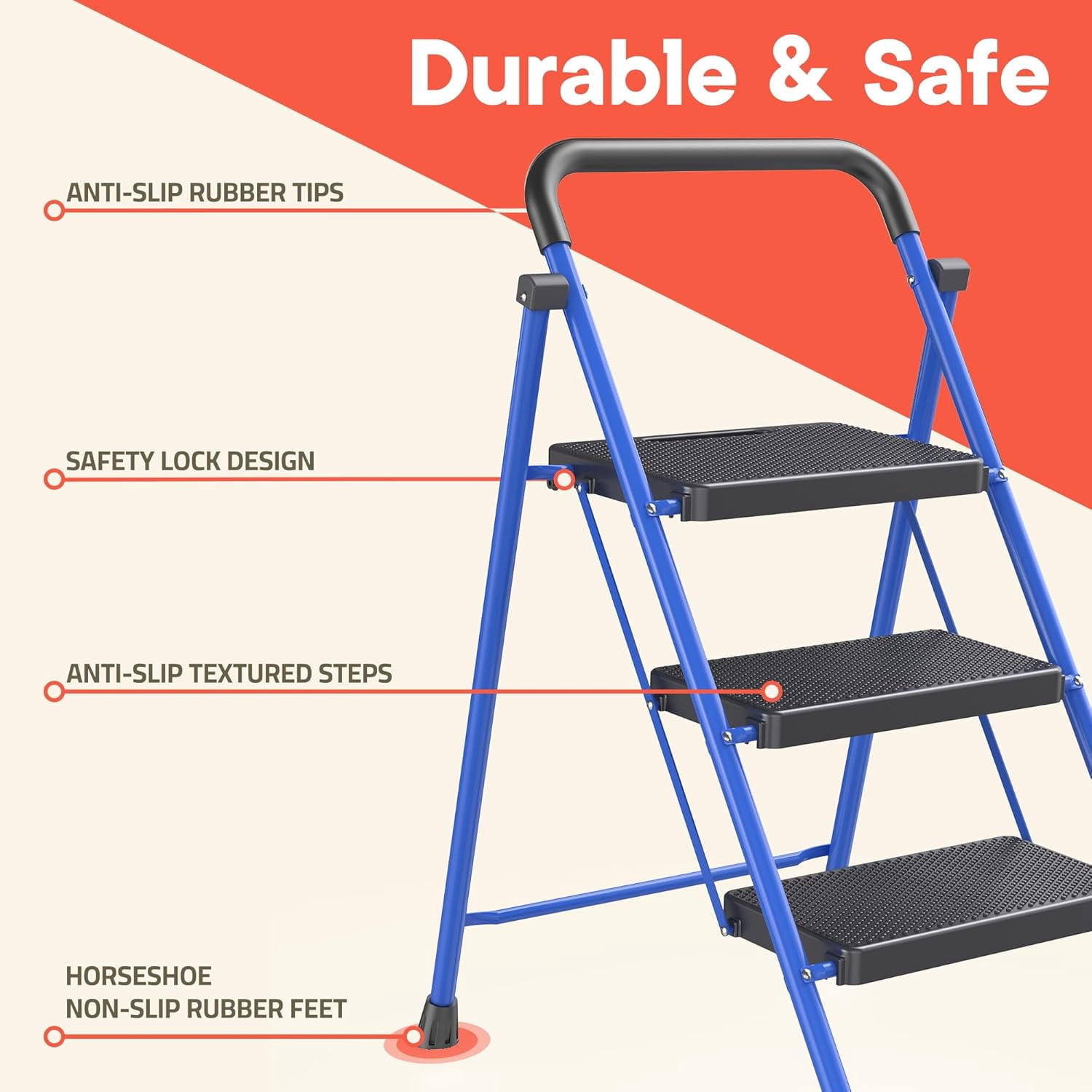 Blue 3 Step Stool Foldable – Heavy-Duty Foldable Step Stool for Adults, 500 lbs Capacity, Anti-Slip Feet & Wide Steps, Lightweight & Space-Saving Design for Home, Kitchen & Garage