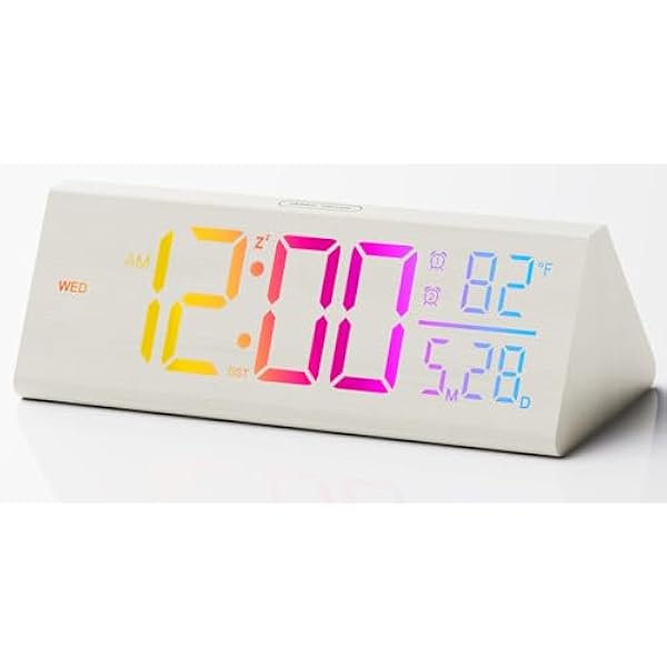 wonima02 Solid Wood Digital Alarm Clock for Bedroom - 8.8 Inch Large Display for Living Room, See Time Instantly! Multicolor Backlight Time Display, Dual Alarms, Date/Temp/Day, DST, Snooze (White)