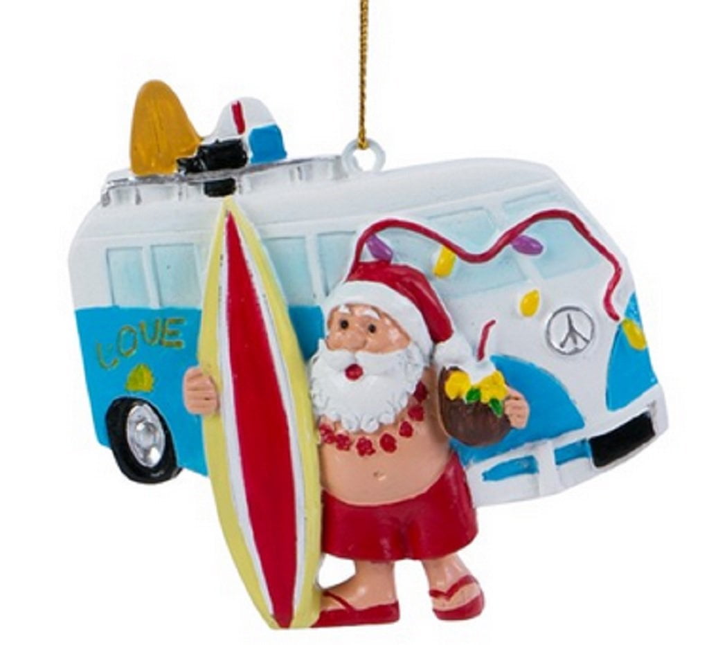 Santa with Surfing Van Ornament