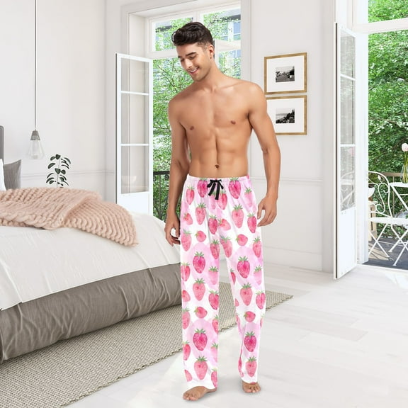 Strawberry Pink Mens Pajama Pants Cotton Elastic Waistband Lounge Sleep Pajama Bottoms Pj with Pocket