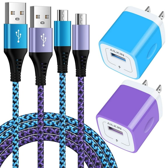 Micro USB Cable 6ft,Ailkin 2PACK USB Wall Charger Adapter Plug with 2PCS Micro Cables,High Speed Fast Charging Android Charger Charging Cable 2 Pack Usb Micro Cable with Fast Charger Block