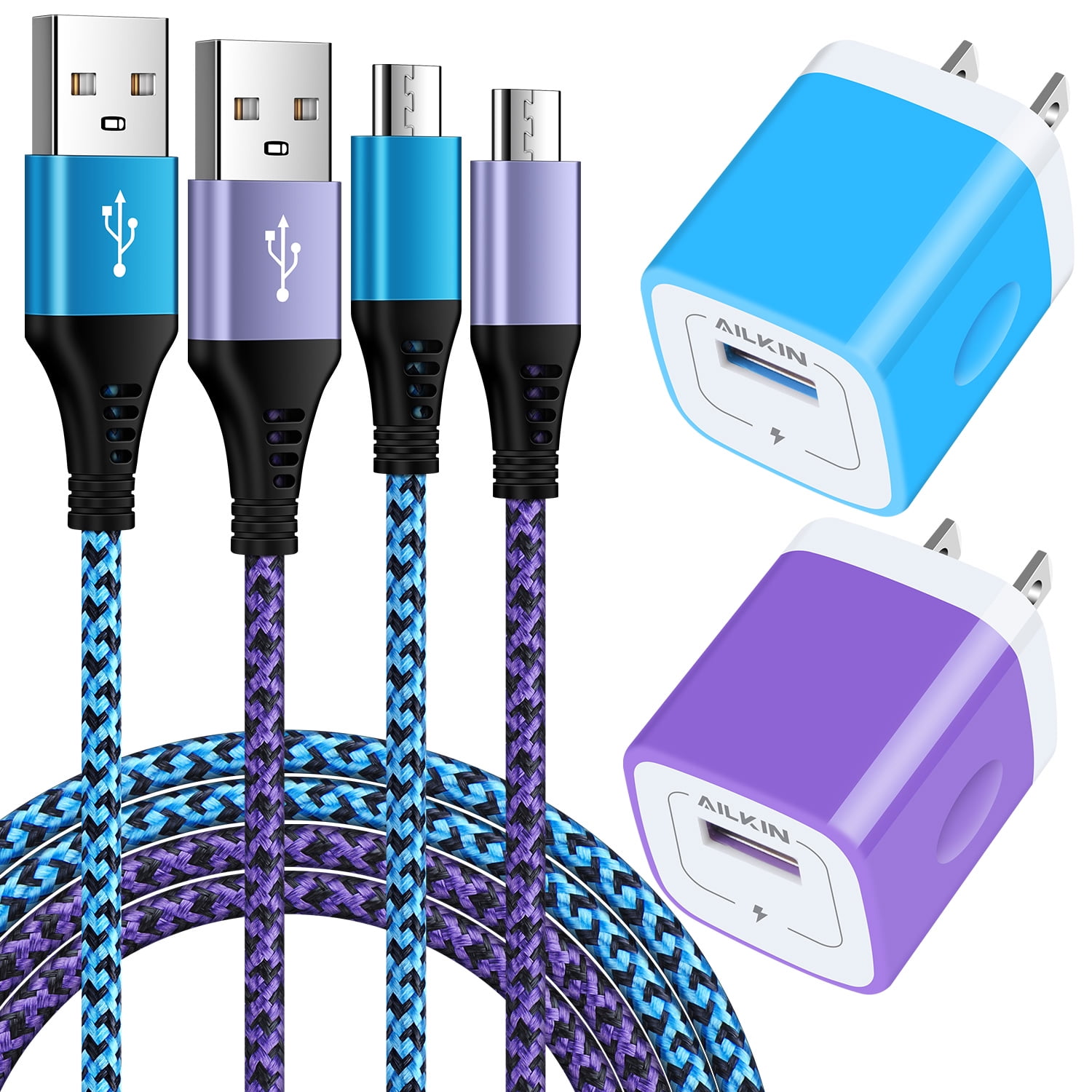 Micro USB Cable 6ft,Ailkin 2PACK USB Wall Charger Adapter Plug with 2PCS Micro Cables,High Speed Fast Charging Android Charger Charging Cable 2 Pack Usb Micro Cable with Fast Charger Block