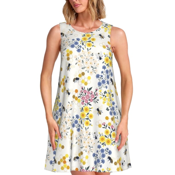 Disketp Wildflower Honeybee para Vestido sin Mangas para Mujeres, Vestidos de Verano para Mujeres, Casual y Holgado para la Playa