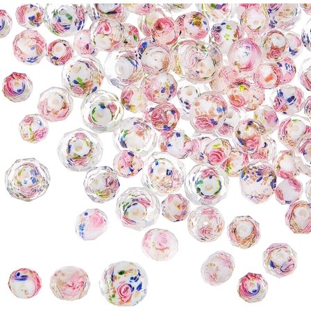 87pcs Floral Lampwork Beads Gold Sand Rose Beads Faceted Glass Beads Pink Loose Beads Crystal Spacer Beads for Necklace Bracelet Earring Jewelry Making 8/10/12mm