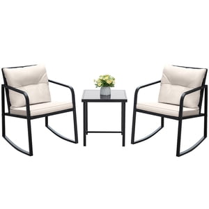 Vineego 3-Piece Rocking Chair Set with Glass Coffee Table, White