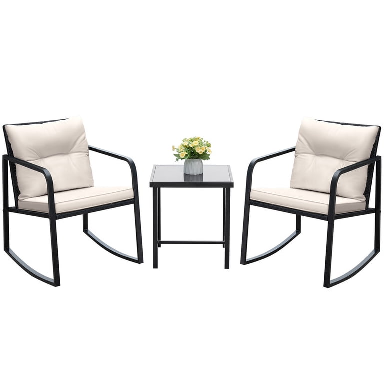 Vineego 3-Piece Rocking Chair Set with Glass Coffee Table, White photo 1