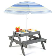 KOTEK Kids Picnic Table, 4 in 1 Sand and Water Table w/Detachable Tabletop, 3 Removable Play Boxes, Foldable & Height Adjustable Umbrella, Wood Sensory Table and Bench for Outdoors, Indoors (Grey)