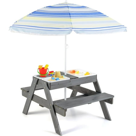 KOTEK Kids Picnic Table, 4 in 1 Sand and Water Table w/Detachable Tabletop, 3 Removable Play Boxes, Foldable & Height Adjustable Umbrella, Wood Sensory Table and Bench for Outdoors, Indoors (Grey)