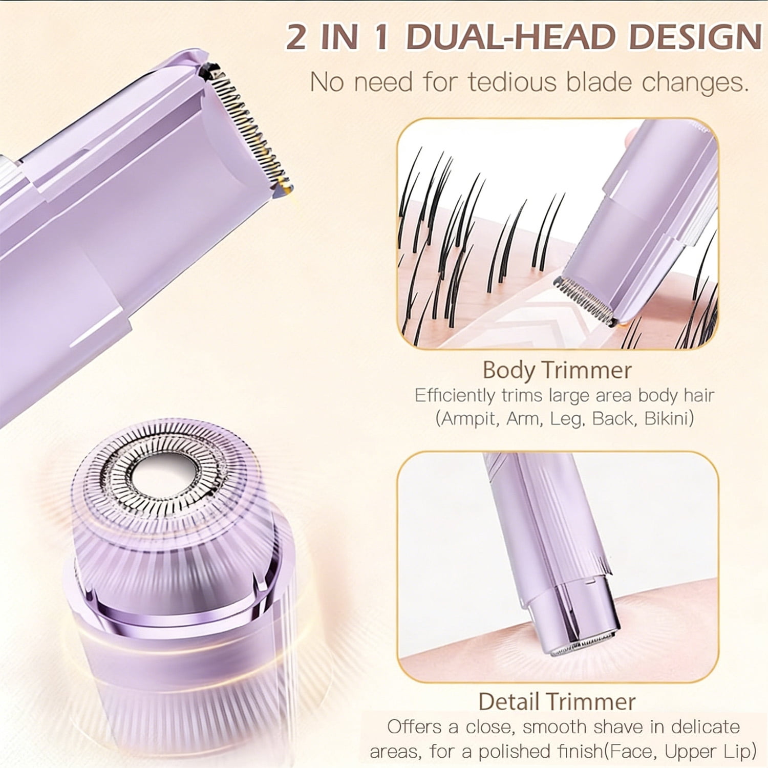 Electric Razor for Women, 2-in-1 Women Shaver Wet & Dry Painless Hair Removal Razor with Detachable Head Display, Waterproof Rechargeable Hair Removal for Bikini Legs Face Underarm Arm(Purple)
