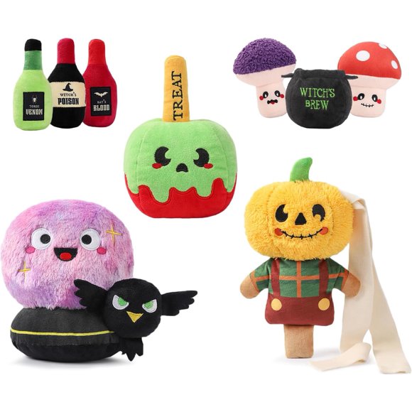 shiyou-Pet Halloween Squeaky Plush Toys 10 Pieces (Crystal Ball Mystery Potion Witches Brew Candy Apple Scarecrow)