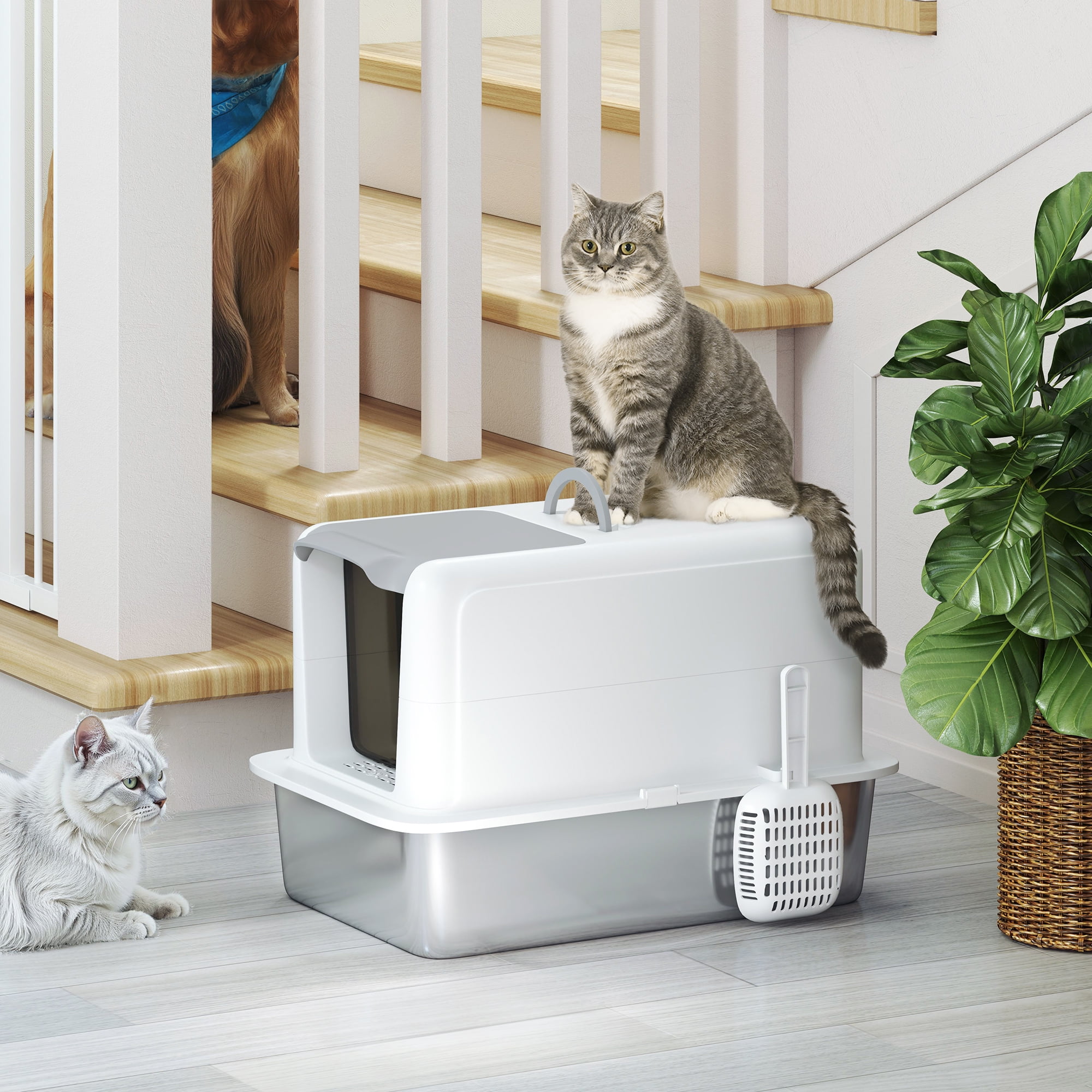 PawHut Stainless Steel Cat Litter Box, Extra Large 2 in 1 Kitty Litter Box with Removable Lid, Scoop, Filter Bags, for Small to Large Cats, White