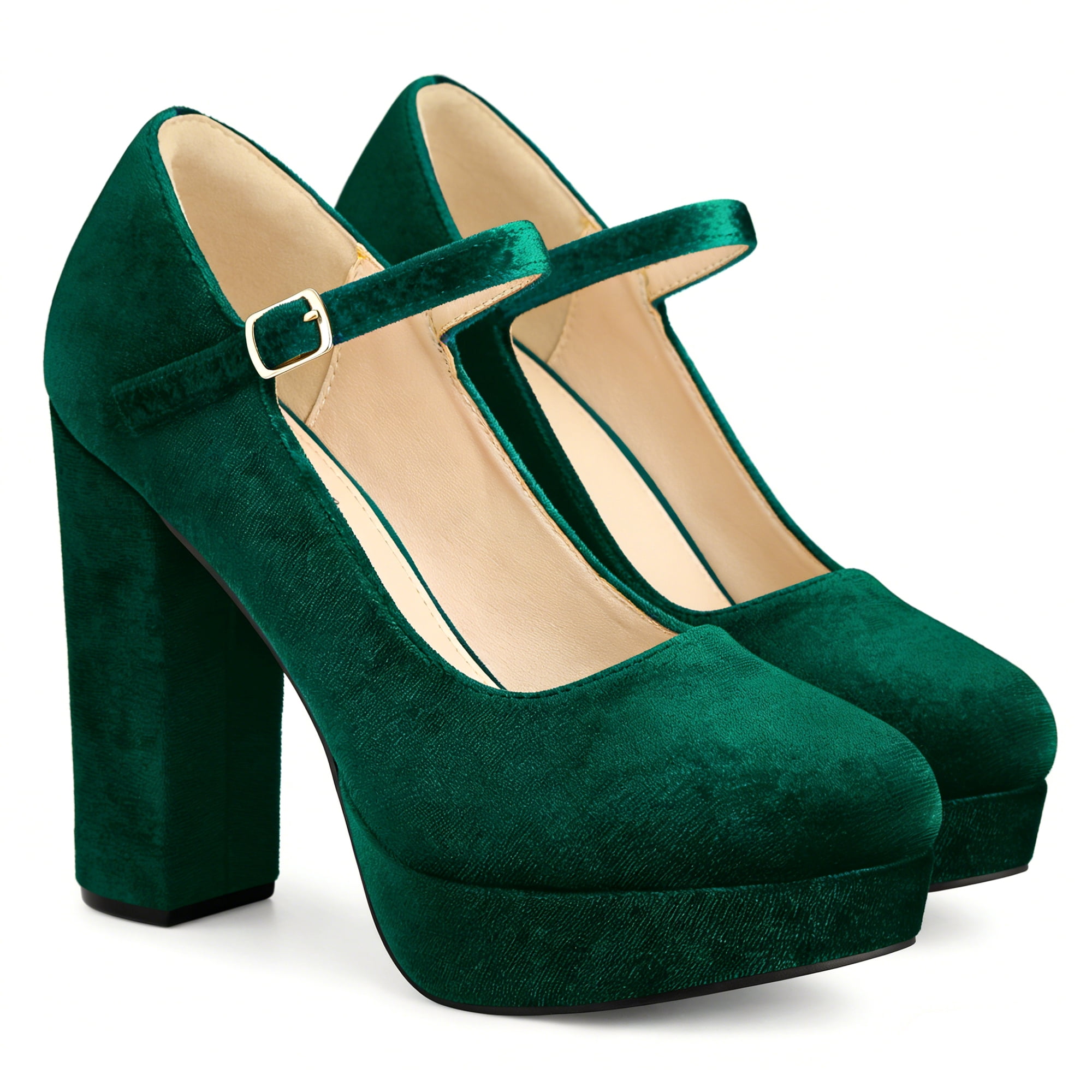 DARING DIVA Women's Velvet Ankle Strap Platform Block Heels Mary Jane Pumps Green 7