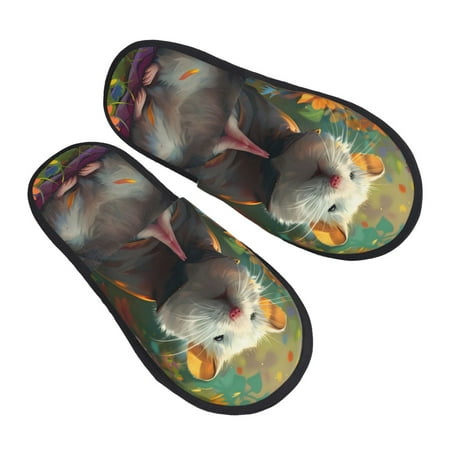 

KLL Colorful Flower Meditating Hamster Slippers for Women Men House Slip on Indoor Outdoor Bedroom Furry Fleece Lined Ladies Comfy Anti-Skid Rubber Hard Sole-Large
