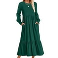 thumbnail image 2 of Timegard Long Sleeve Dresses for Women Crewneck Ruffle Ruched Beach Casual Loose Dress with Pockets, 2 of 4