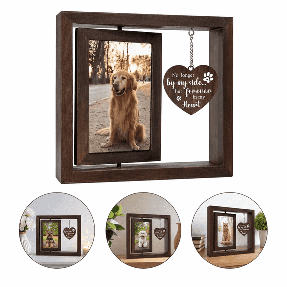Wooden Pet Memorial Keepsake Frame, 360° Rotatable Inner 4×6 Picture Frame with Heart-Shaped Memorial Pendant, Freestanding Tabletop Loving Memory Photo Frame, Sympathy Remembrance Gift for Dogs & Ca