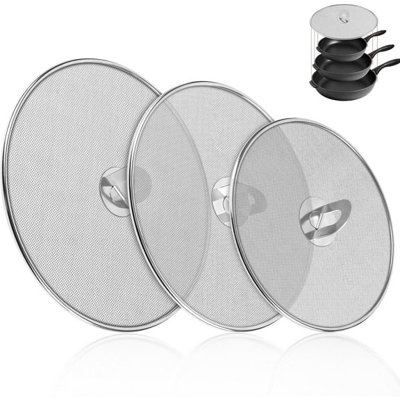 LIOUCBD 3-Pack Splatter Screens for Frying Pan - Stainless Steel Grease Splatter Guard with Foldable Knob, Ultra-Fine Mesh, Rust-Free (10", 11.5", 13") - No Oil Mess, No Burns