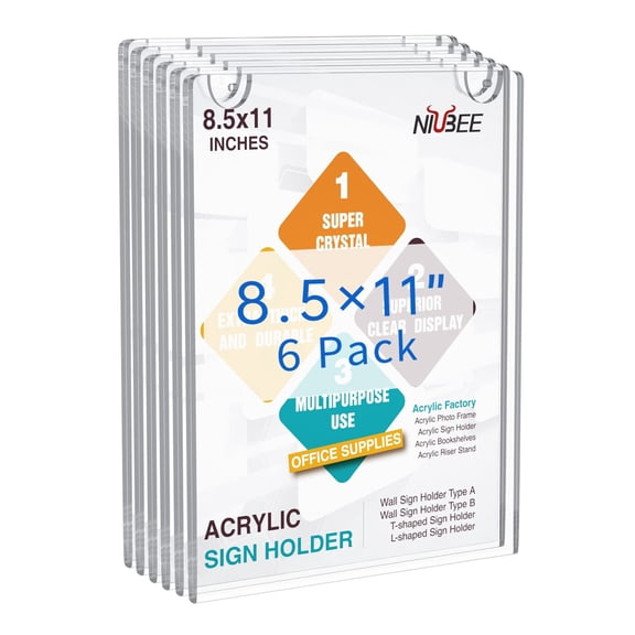 NIUBEE Acrylic Sign Holder 8.5 x 11, Acrylic Sign Holder for Wall, Clear Vertical Sign Holder, Wall Mounted Design, Display Stand Support No Drilling, 6 Pcs