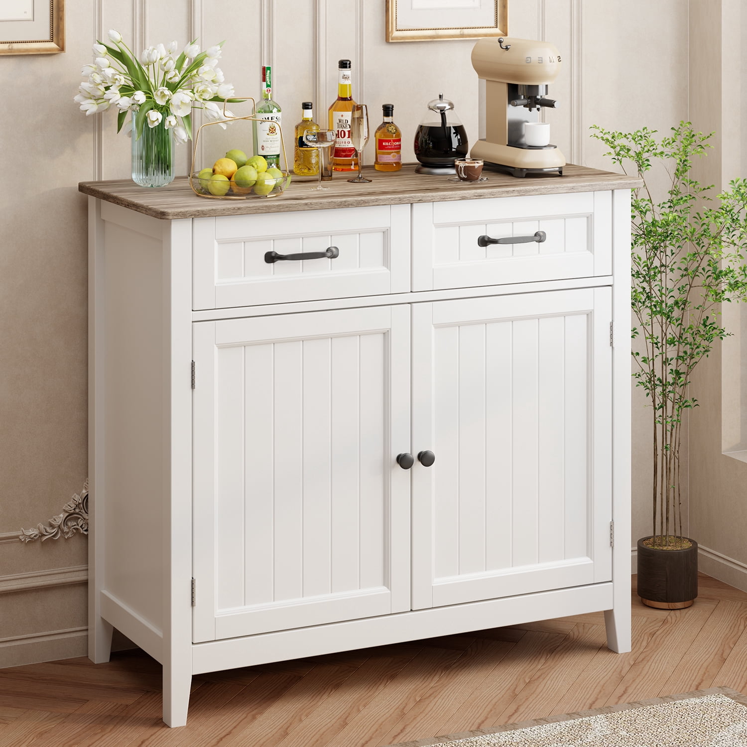 Coffee Bar Cabinet, Lofka 35.4 Inch Small Sideboard Buffet Cabinet with Drawers & Adjustable Shelf, Slim Waterproof Storage Cabinet for Apartment Kitchen Entryway Living Room Home Office, Gray