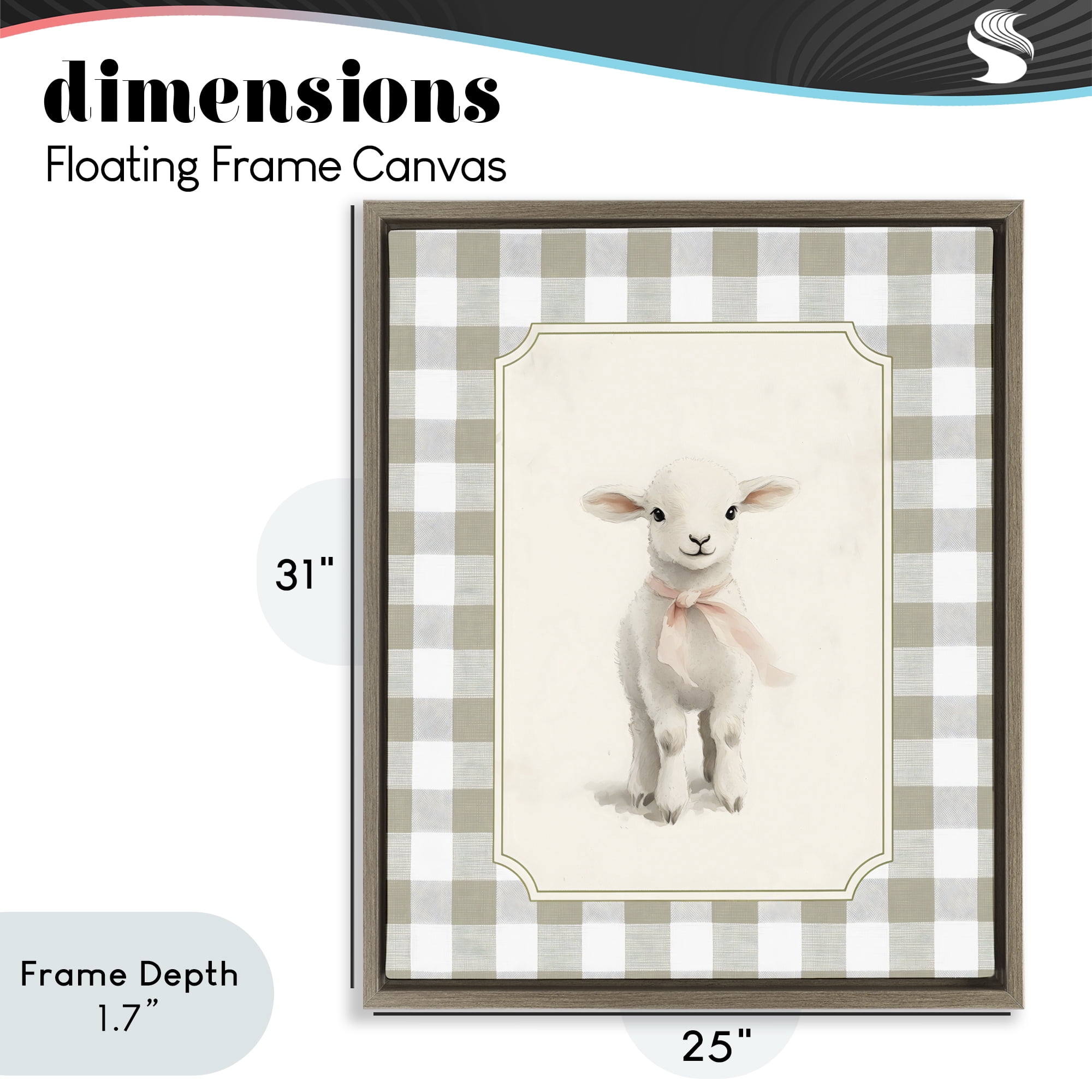 Stupell Industries Gingham Lamb with Pink Ribbon Brown Framed Floater Canvas Wall Art, design by Arlington Prints