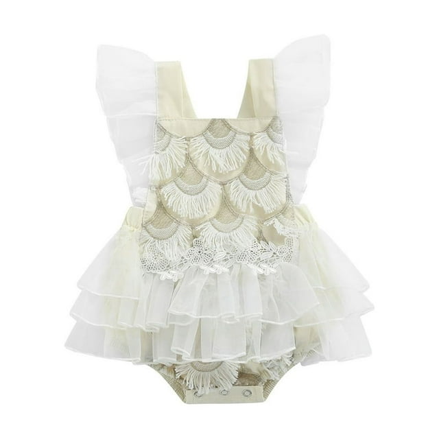 Newborn Girls Romper Sleeveless Square Neck Fish Scale Flower Embroidery Lace Ruffles Jumpsuit