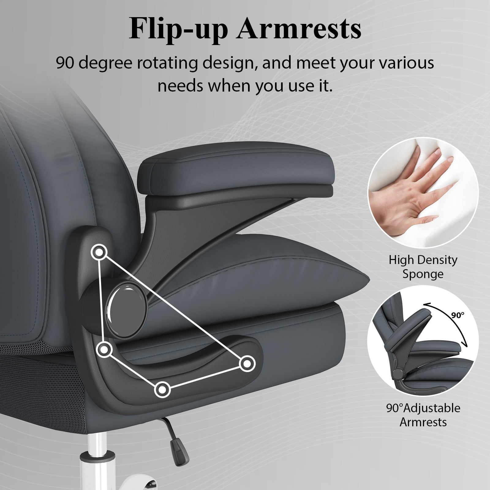 E-motie Home Office Chair with Flip-up Arms, Adjustable High Back Chair, Quiet Nylon Wheels, Grey