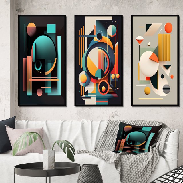 Designart "Essential Dimensions of Minimal Bauhaus II" Modern Geometric Framed Wall Art Set Of 3 - Blue Abstract Geometric Frame Gallery Wall Set For Home Decor
