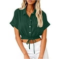 thumbnail image 2 of Otntypg Womens Cropped Button Down Linen Hawaiian Shirts Lightweight Casual Oversized Crop Tops Cute Summer Beach Drawstring Hem Roll Up Short Sleeve Collared Blouse with Pockets Green L, 2 of 7