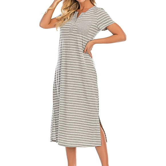 matoen Women's Summer Stripe Slit Nightdress Round Neck Short Sleeve Pocket Sleepwear Casual Loose Button Home Clothes