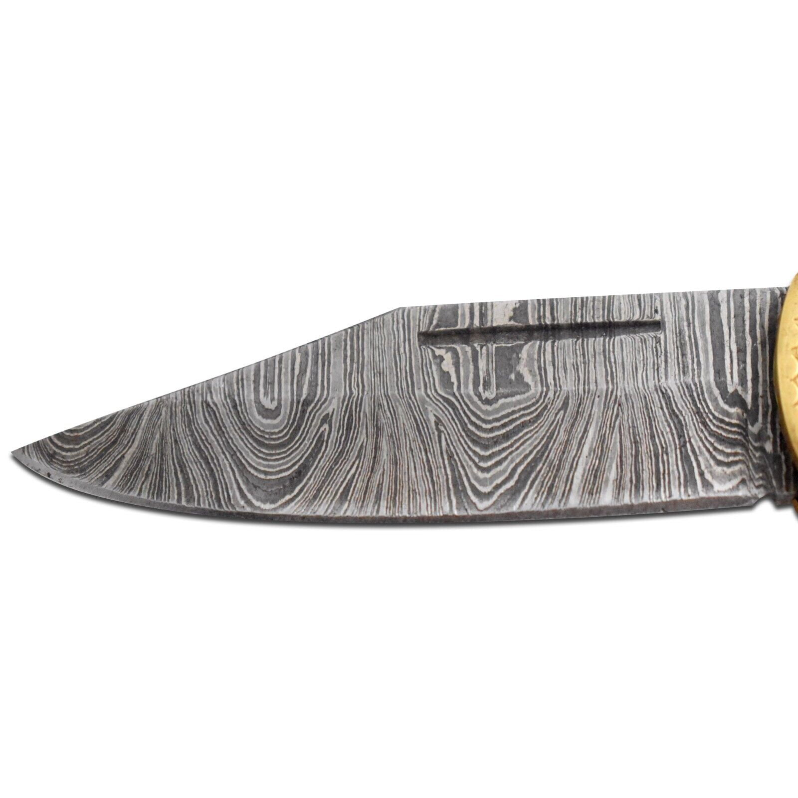 Custom Damascus Steel Collection Engraved Brass Folding Knife