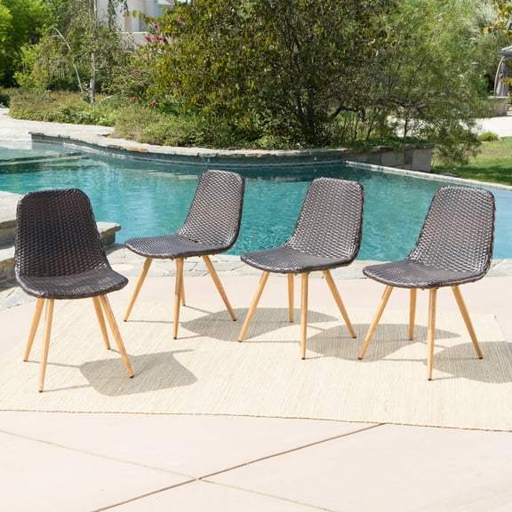 Grandview Outdoor Wicker Dining Chairs with Light Brown Wood Finished Metal Legs, Set of 4, Multibrown