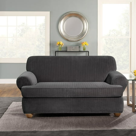 Surefit Stretch Pinstripe 2-Piece T-Cushion Loveseat Slipcover, Black