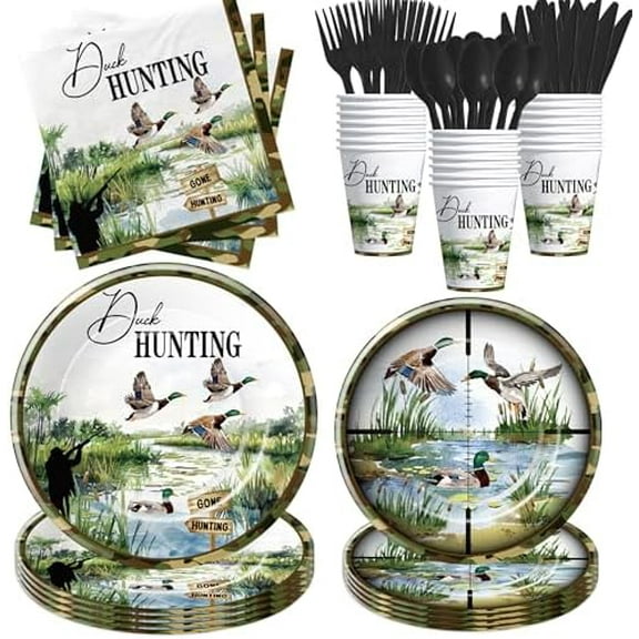 Duck Hunting Party Decorations Tableware - Mallard Theme One Luck Duck Hunting Birthday Party Supplies, Paper Plate, Cup, Napkin, Disposable Cutlery | 24 Guests