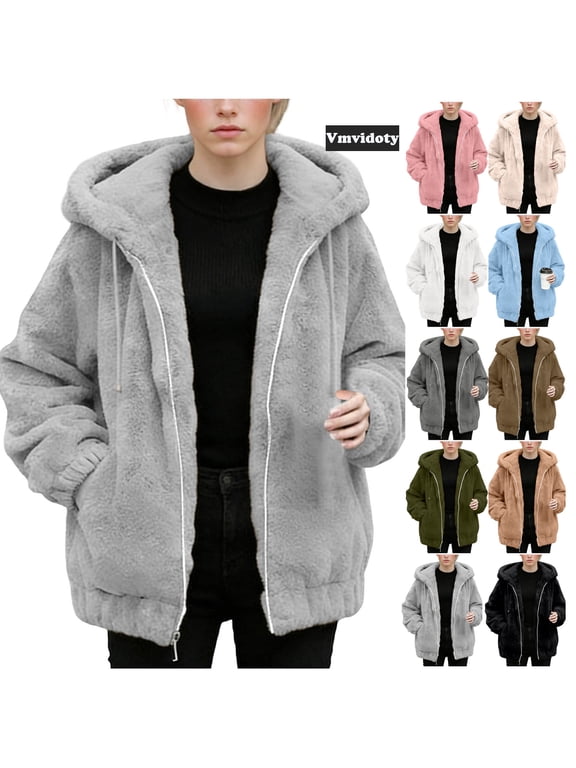 Womens and Womens' Plus Size Fuzzy Jacket Hooded Cardigan Open Front Sherpa Coat with Pockets Fall Winter Casual Travel Coats 2026, Lightweight Lounge Outwear Gray 4XL