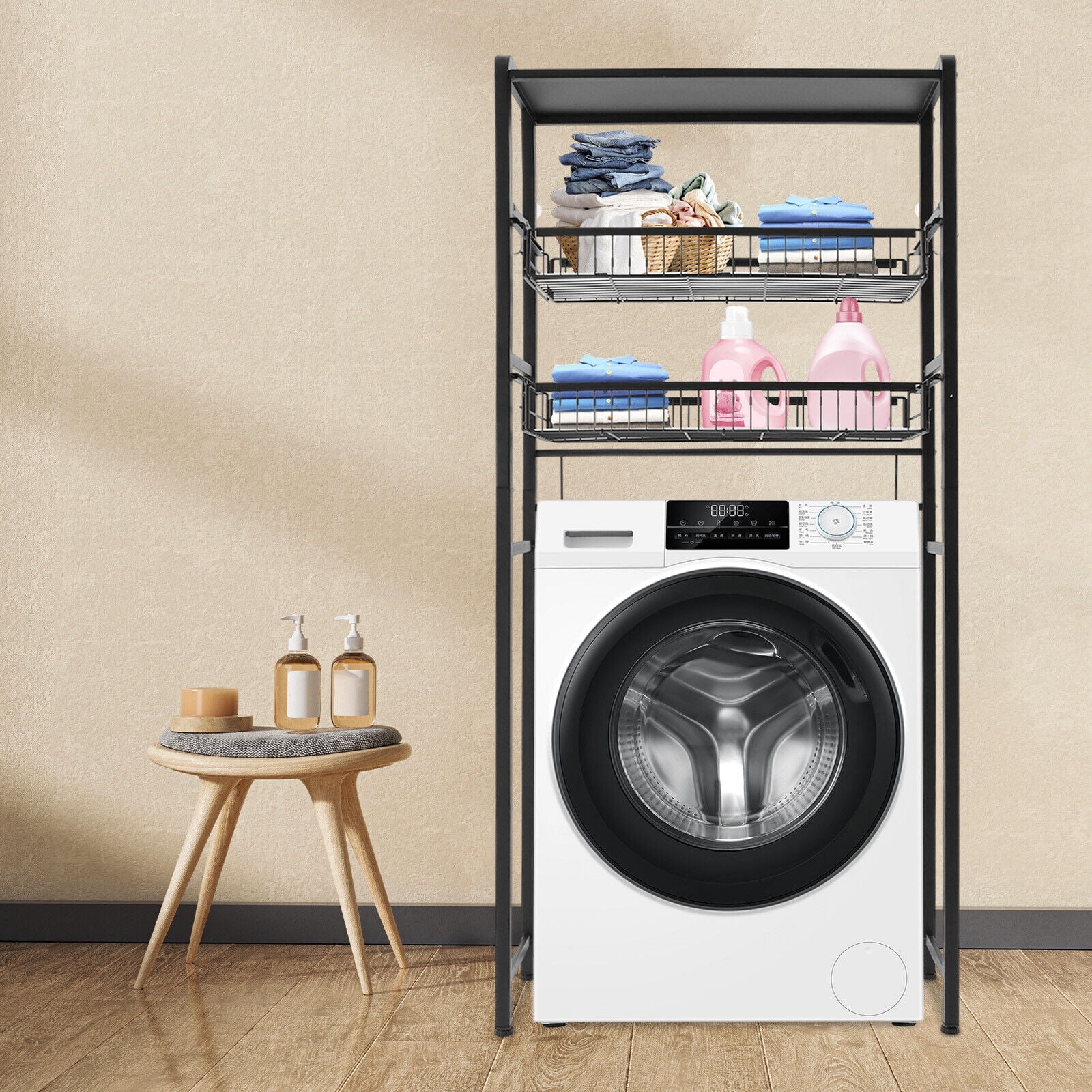 3-Tier Washing Machine Shelf, Over Washer and Dryer Shelves, Multi-Functional 3 Tier Storage Rack, Laundry Room Storage Shelf, Space Saving Organizer (Black)