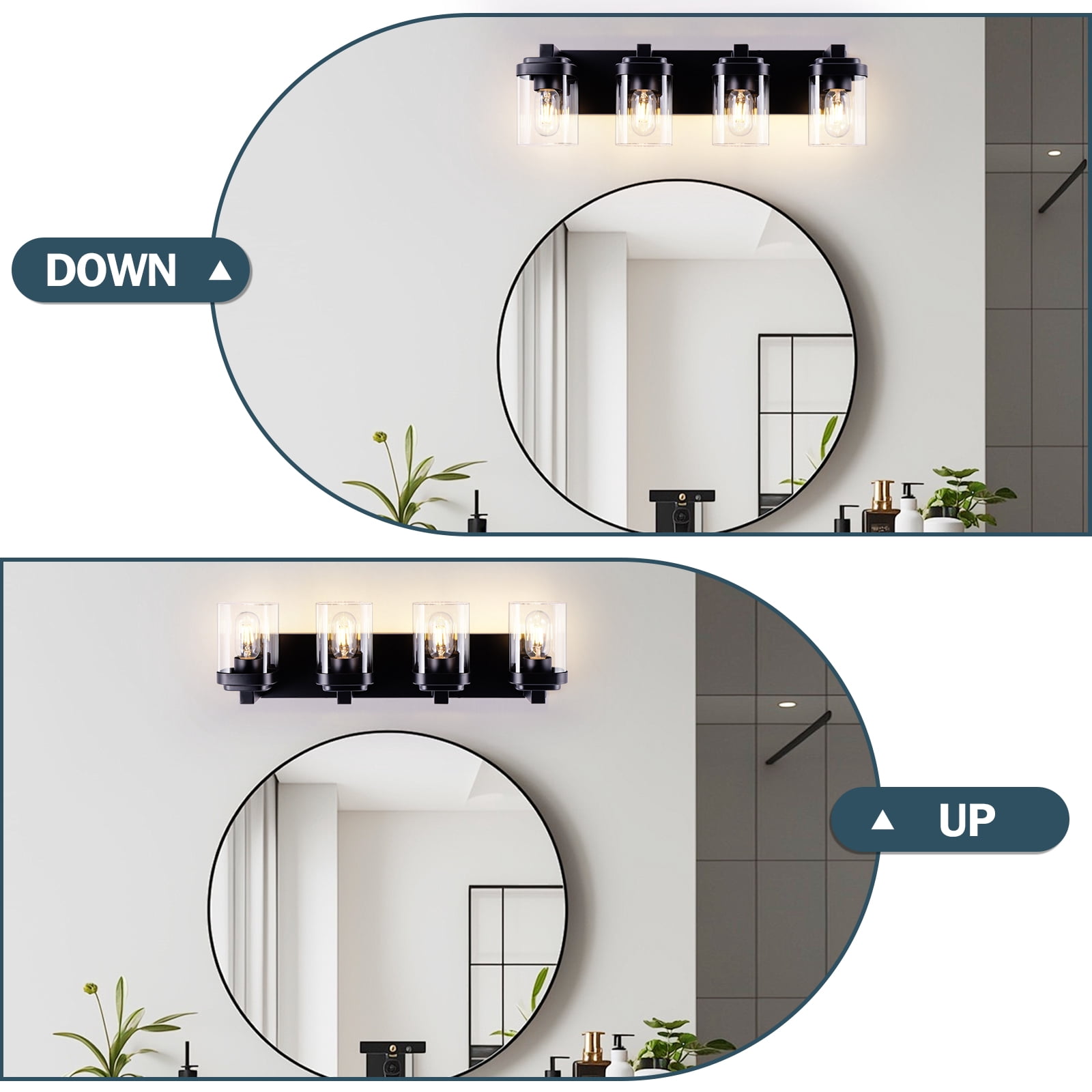 4-Light Black Bathroom Vanity Light, Modern Vanity Lighting Fixture for Bathroom, 24.09" Matte Light Fixture, Wall Sconces with Clear Glass Shade, Black Bathroom Wall Light Over Mirror