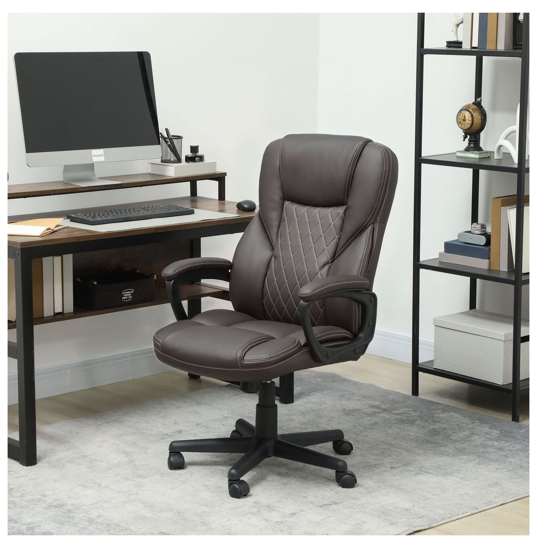 Ergonomic Office Chair, PU Leather Desk Chair Adjustable Height Swivel Executive Chair, High Back Computer Chair for Home Office, Dark Brown