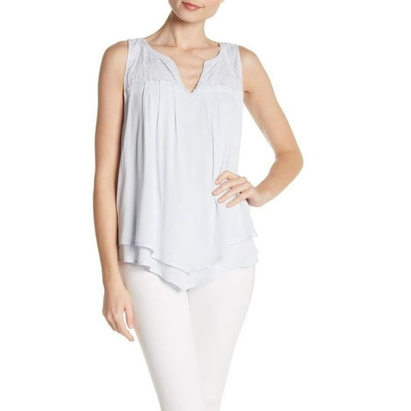 Democracy Blouse Haut Femme Taille S Bleu Dentelle Florale Sans Manches Col en V Fluide